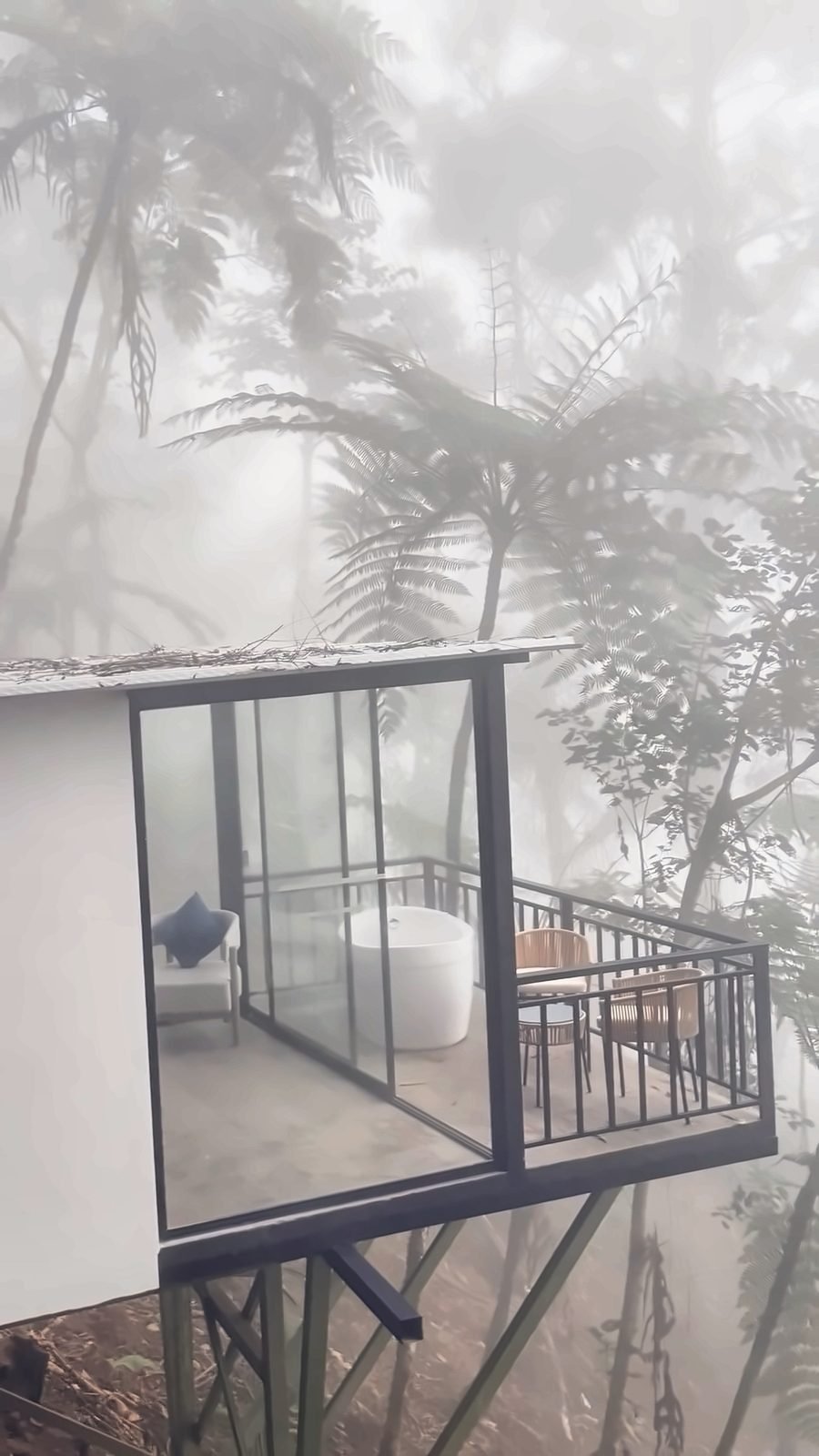 Cabaña de cristal suspendida en el bosque